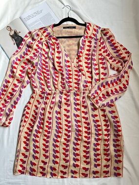 next Cream Long-Sleeve V-Neck Dress with Red & Purple Leaf Print